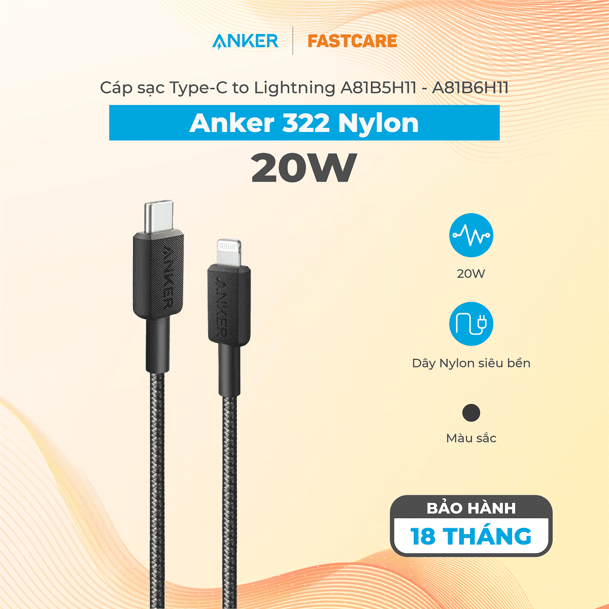 Cáp sạc Type-C to Lightning Anker 322 dài 1.8m Nylon A81B6H11
