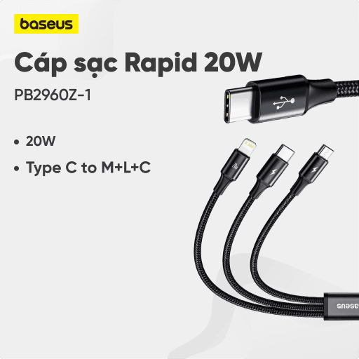 Cáp sạc Baseus Rapid Type C ra M+L+C 20W PB2960Z-1