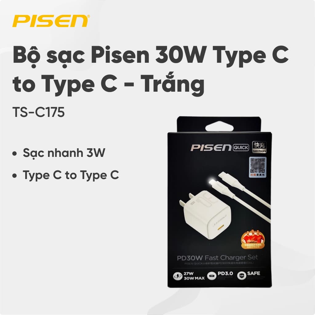 Bộ sạc Pisen 30W Type C to Type C (TS-C175) Trắng