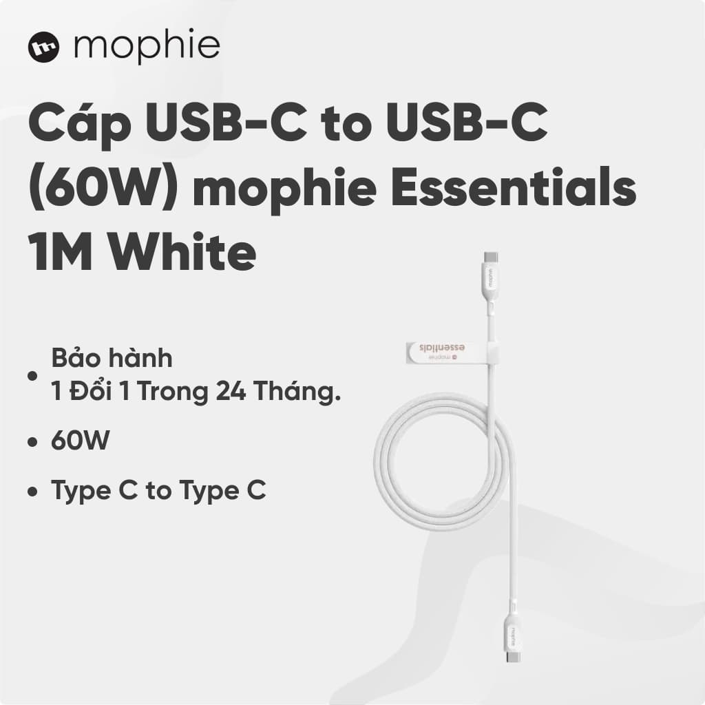 Cáp USB-C to USB-C (60W) mophie Essentials 1M White