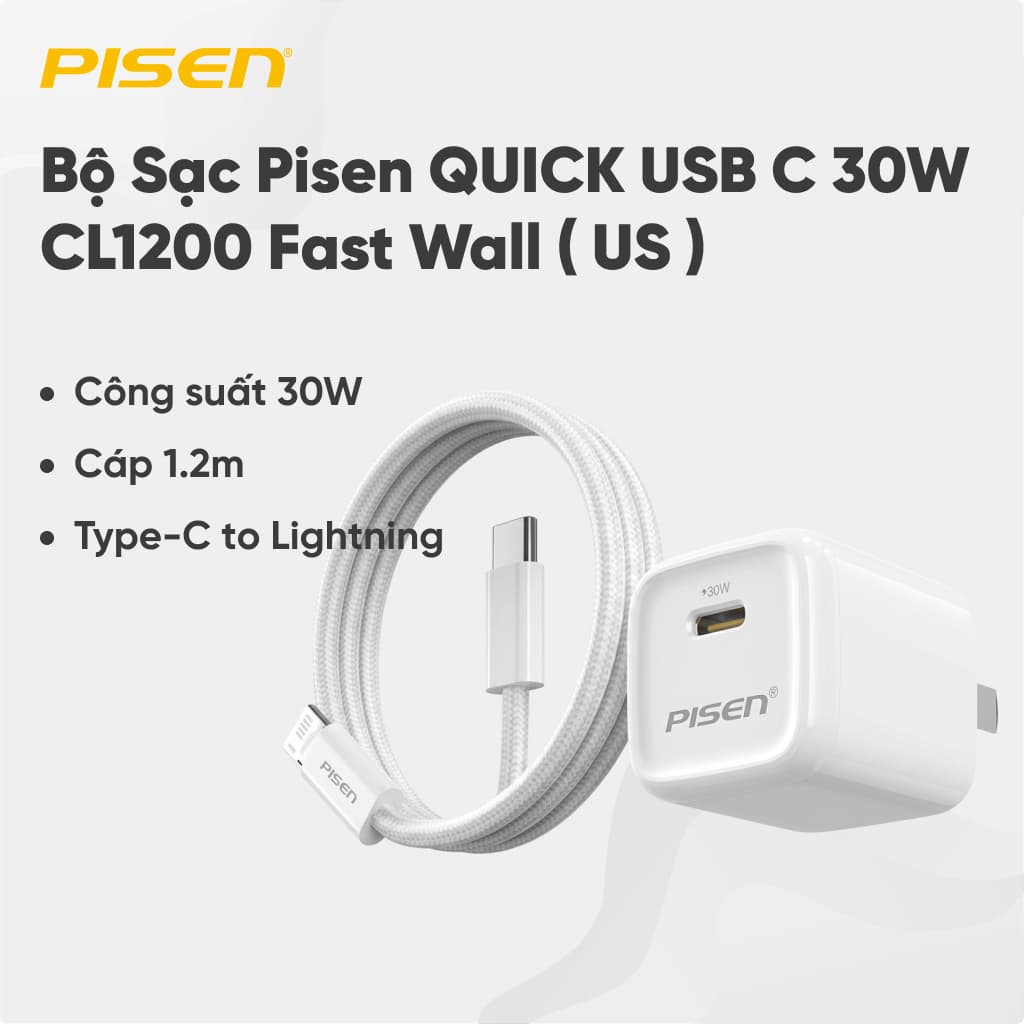 Bộ Sạc Pisen QUICK USB C 30W CL1200 Fast Wall ( US ) ( TP - C29 Lightning ) - Global Trắng