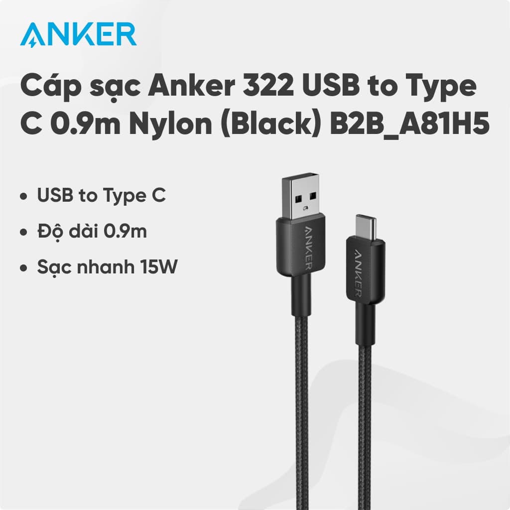 Cáp sạc Anker 322 USB to Type C 0.9m Nylon (Black) B2B_A81H5 Đen