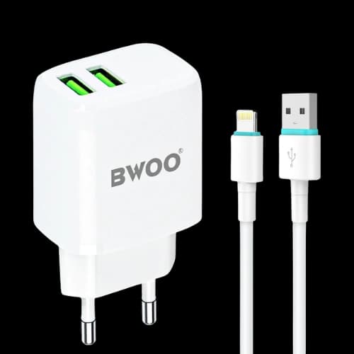 Bộ sạc BWOO 2 cổng sạc USB (Cable USB to Lightning) 2.4A Trắng